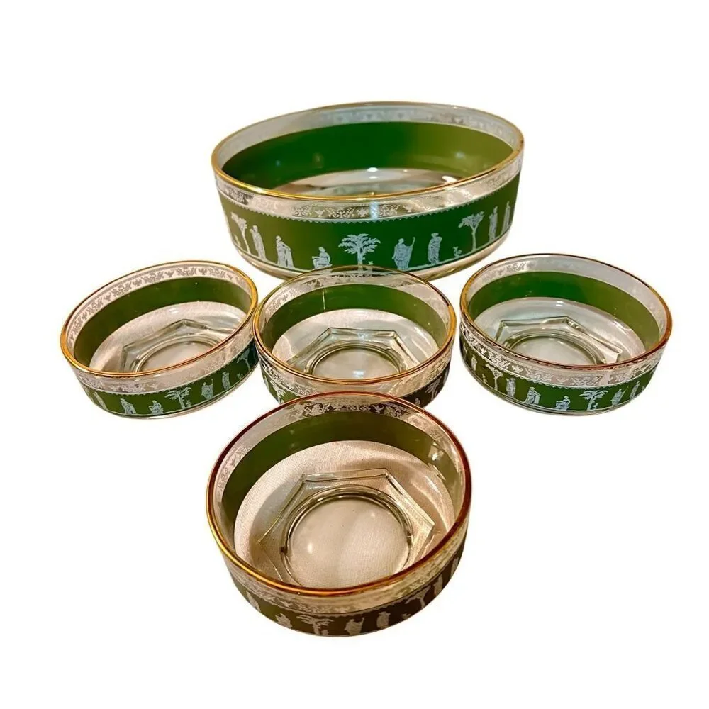 Vintage Jeanette HELLENIC GREEN WEDGEWOOD GREEK Glass Bowl Set